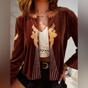 RusttyDustty Floral Embroidery Open Front Velvet Blazer.Hendrix BoHo Hippie  Med